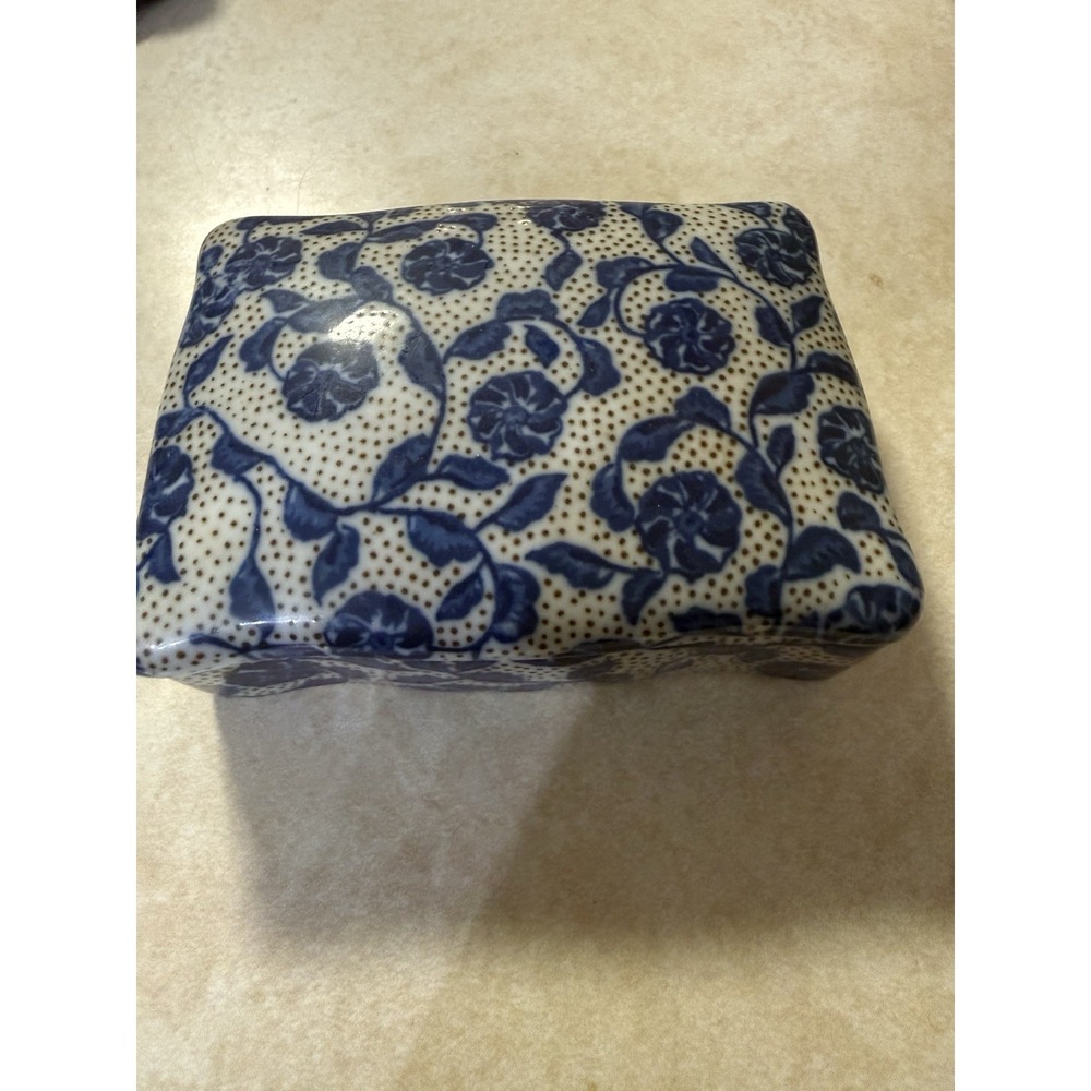 Vintage Takahashi Blue Floral Ceramic Trinket Box with Lid, Rectangle, Glazed